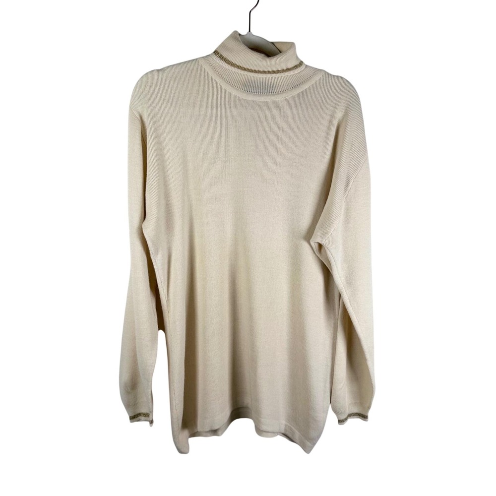 Regatta Sport Mens L Cream Wool Blend Turtleneck Sweater Gold Trim Old Money